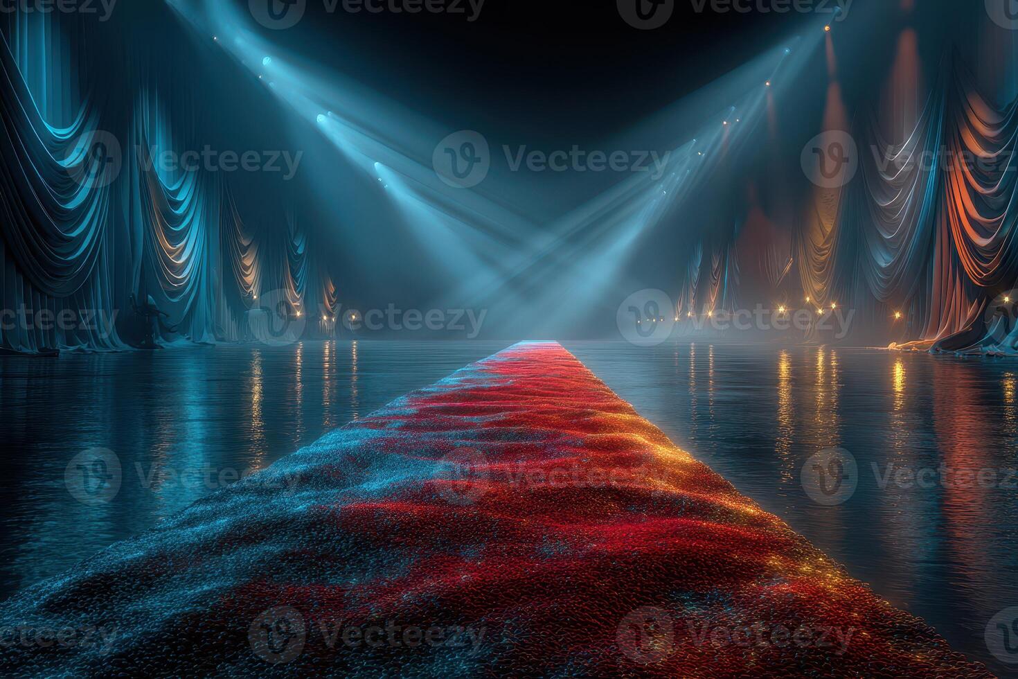 Dramatic lighting enhances the runway in a theatrical setting with colorful fabric and reflective surfaces photo