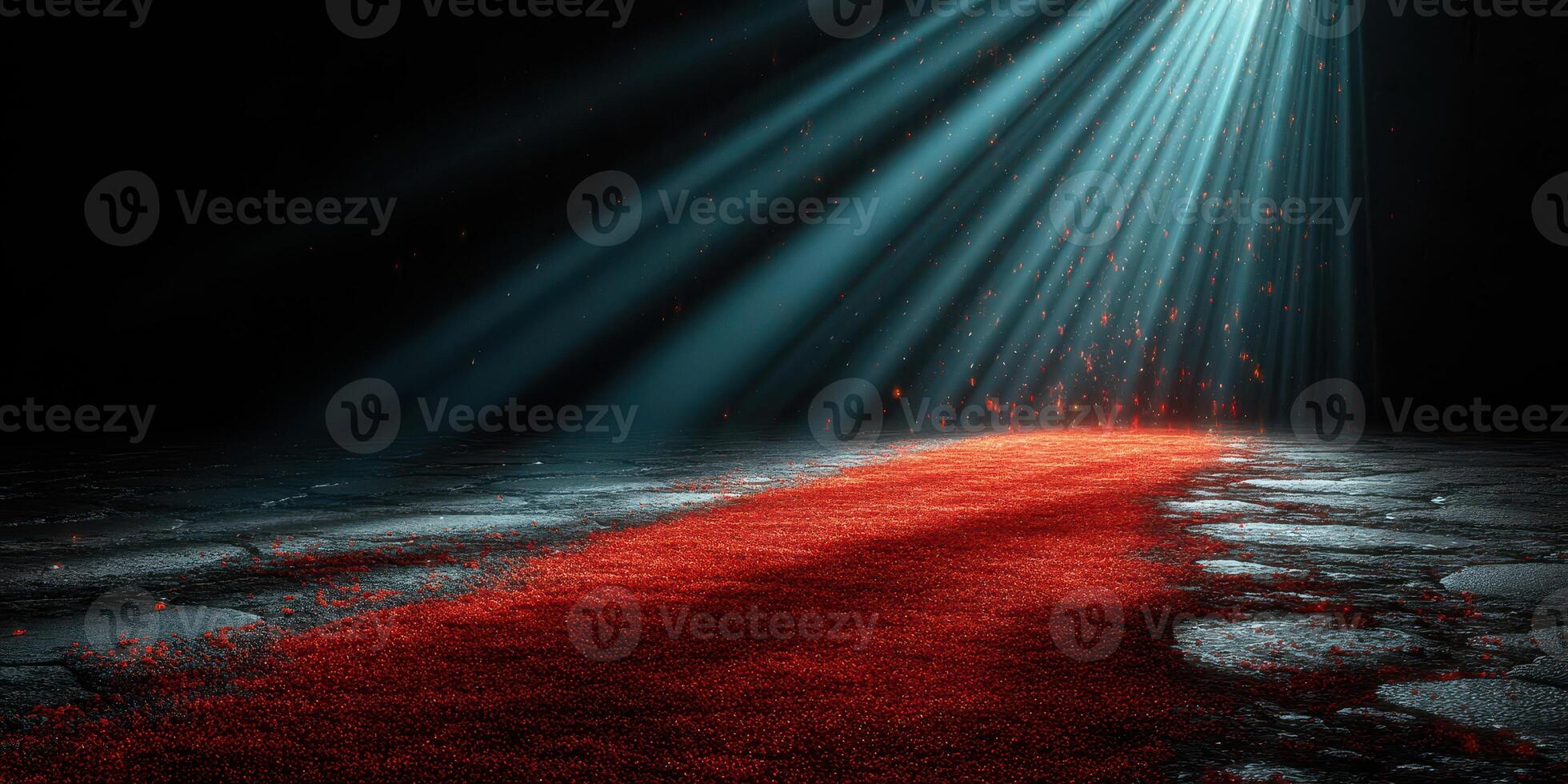 Red pathway illuminated in darkness with beams of light shining from above photo