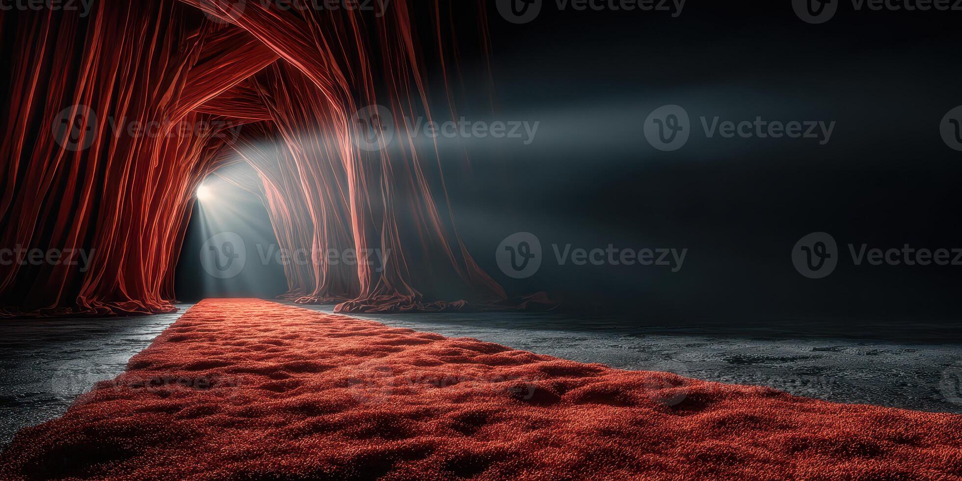 Dark tunnel with vibrant red carpet illuminated by soft light beams in an artistic setting at twilight photo