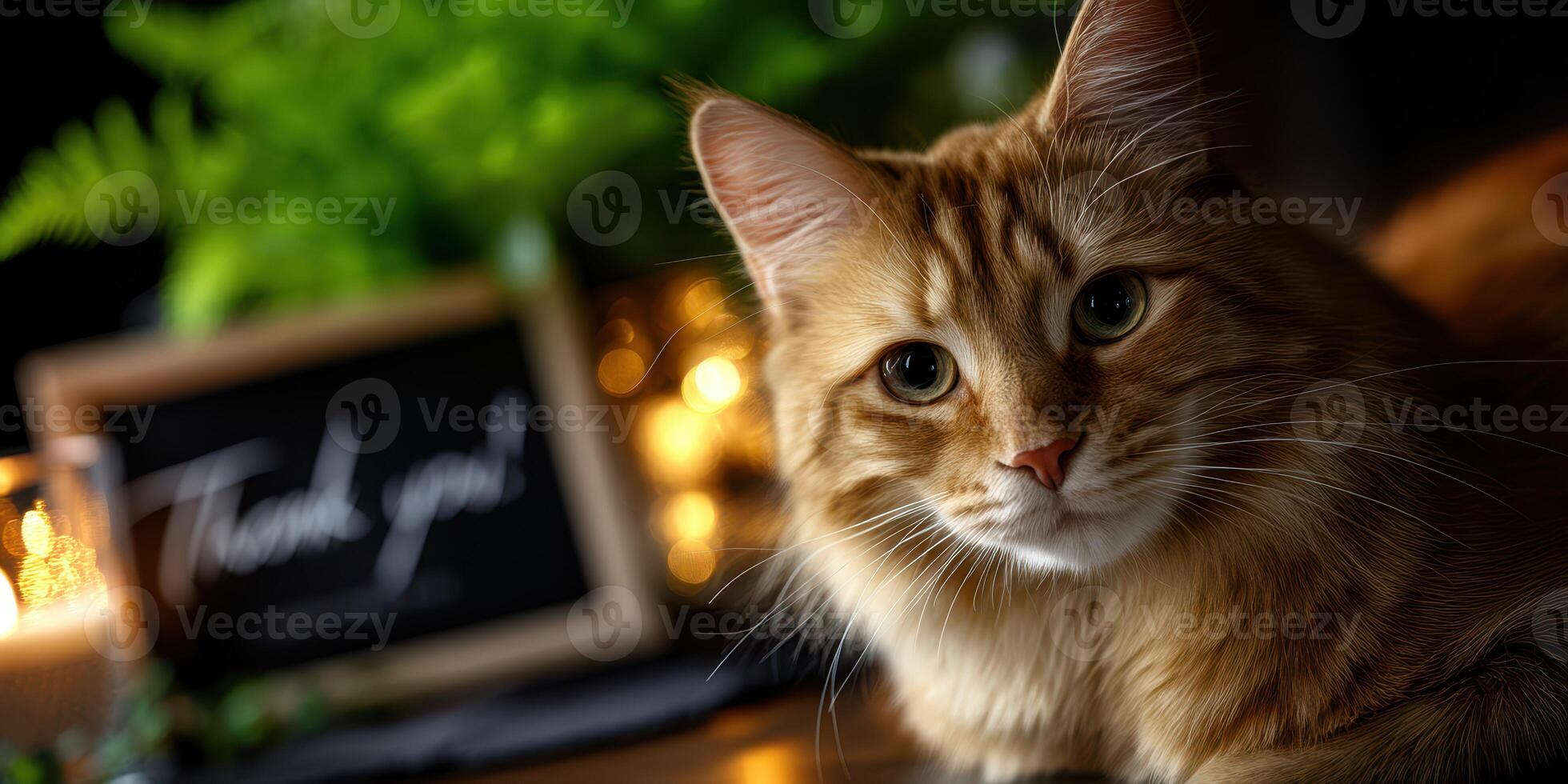 Fluffy ginger cat relaxes in ambient light beside a thank you note and candles during a cozy evening at home photo