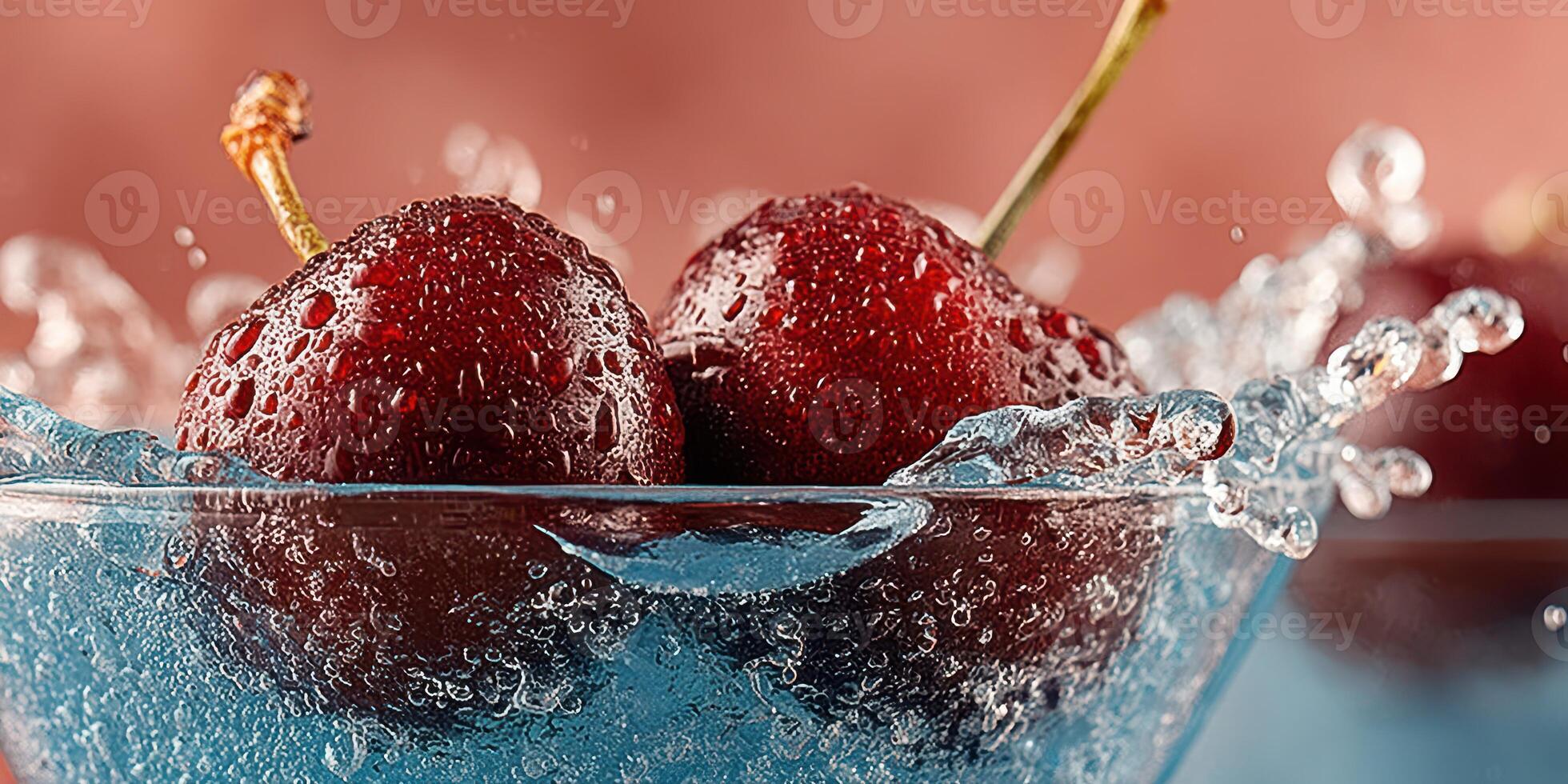 Fresh cherries splash in cool water creating vibrant bubbles in a crystal glass bowl during a sunny afternoon photo