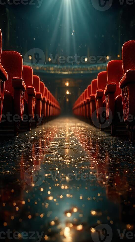 Rows of red velvet seats shining under soft light in a historic theater setting during a performance night photo