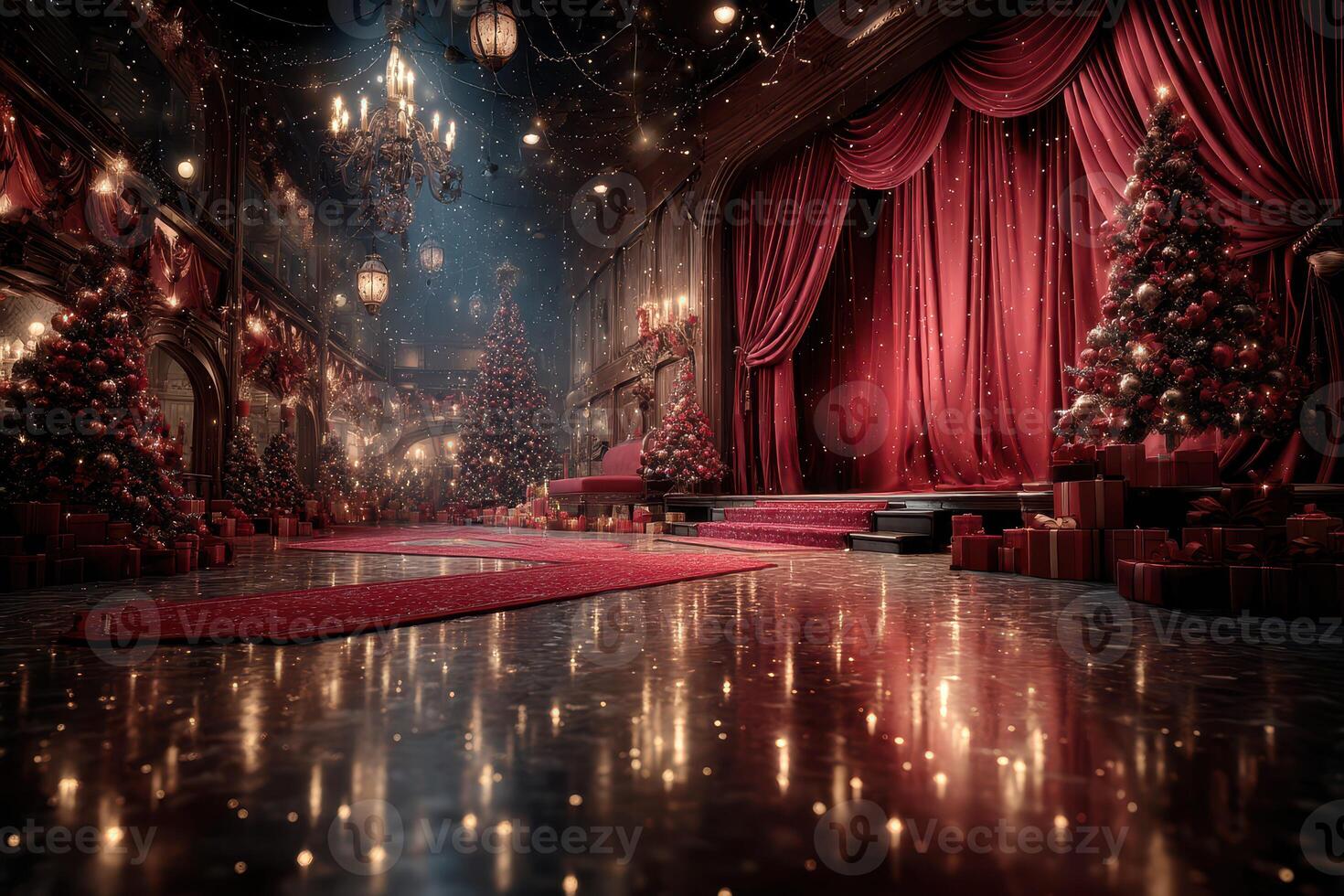 Elegant interior decorated for a festive event showcasing grand chandeliers and Christmas trees in a luxurious hall photo