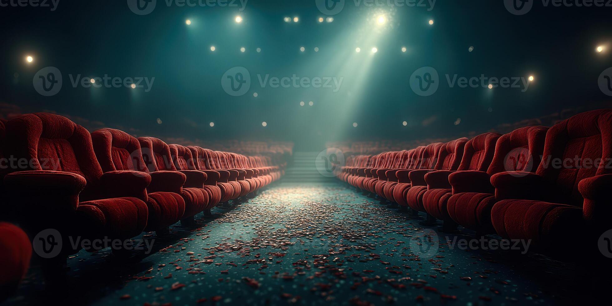 Empty theater with red seats and scattered petals under spotlight at night photo