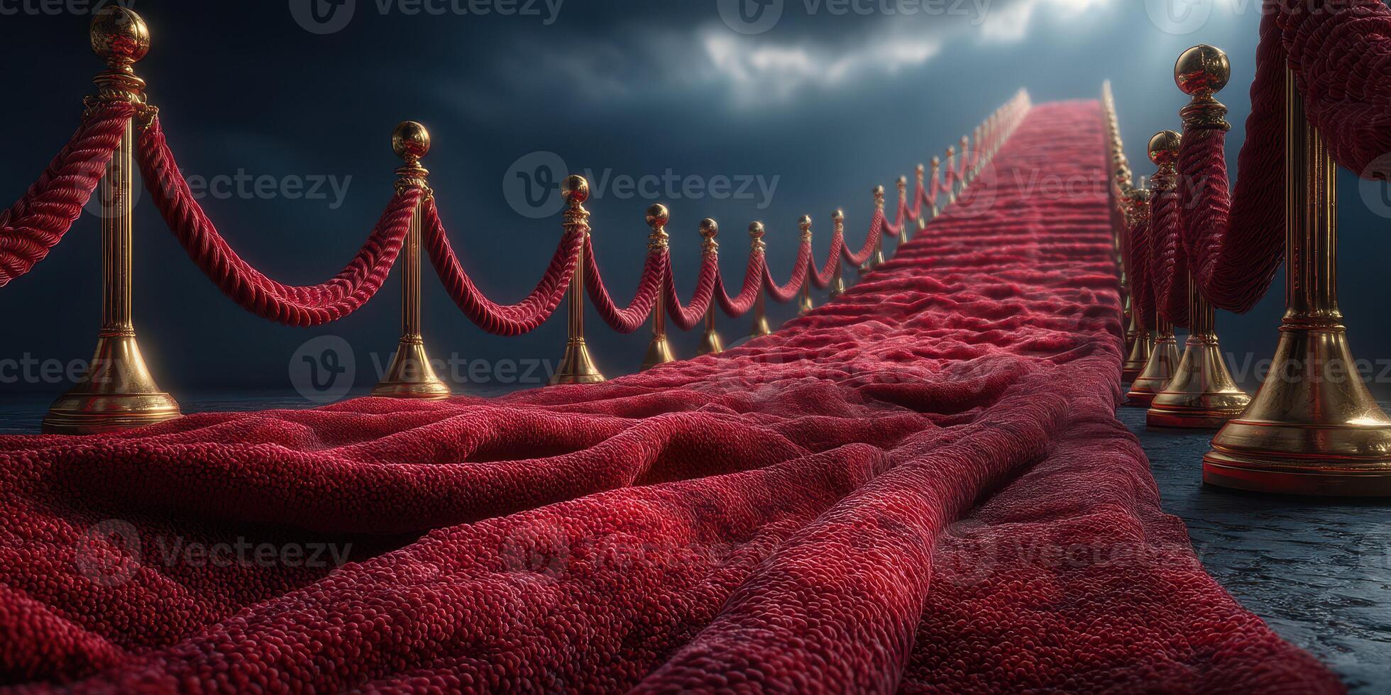 Red carpet leading to a dramatic entrance under moody skies at an evening event photo