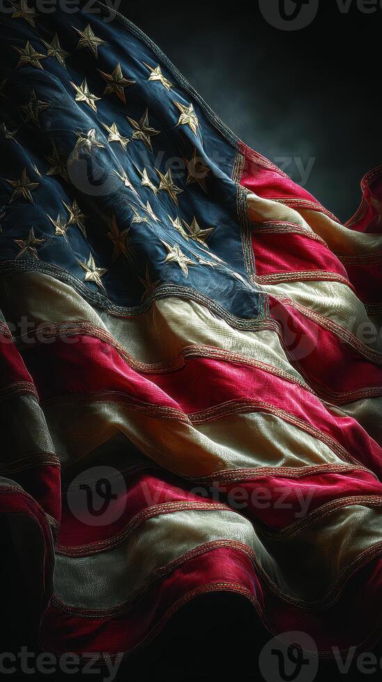 American flag gracefully waving with a dramatic backdrop showcasing its rich colors and detailed design photo