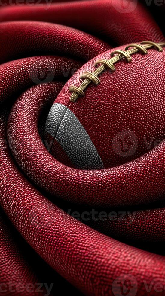Close-up of a textured football intertwined with a red fabric, showcasing the details of the game equipment and its surroundings photo