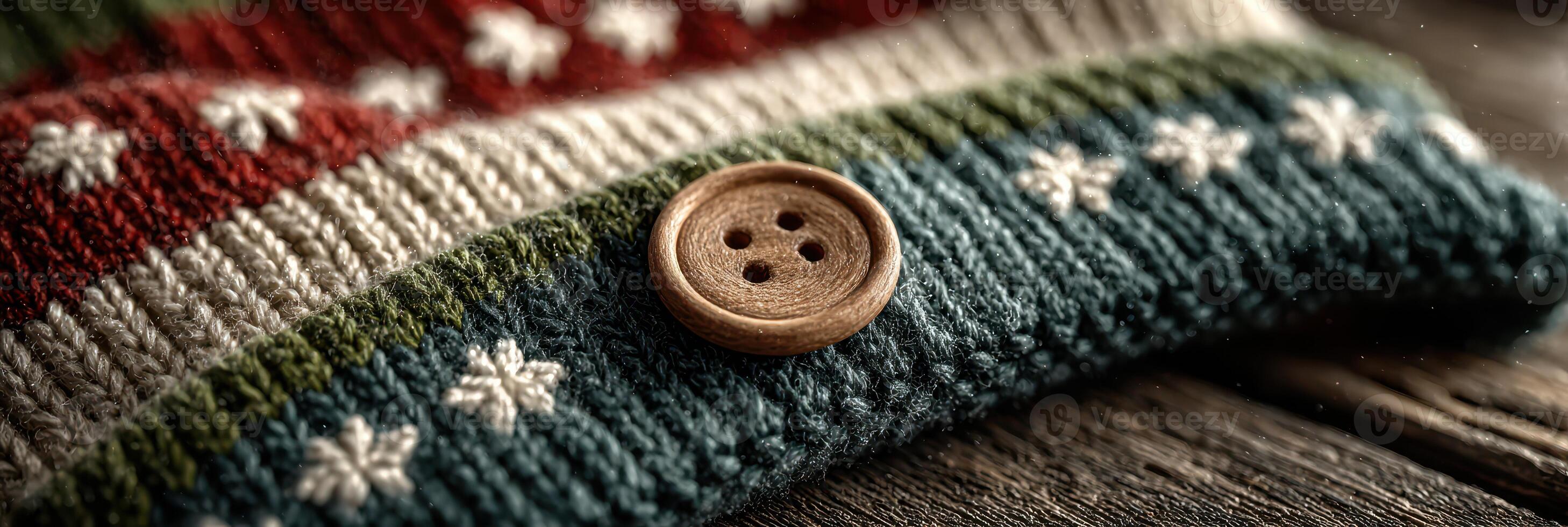Beautiful handcrafted textile with vibrant colors and a wooden button on a rustic wooden surface photo