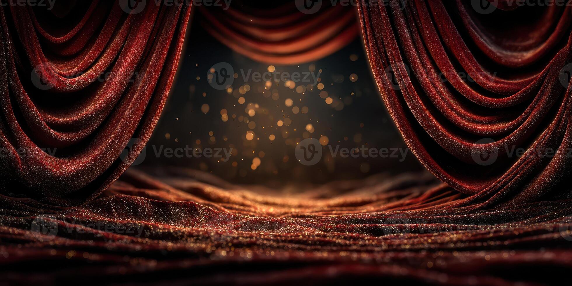 Dramatic stage curtains reveal a shimmering spotlight effect in a theatrical setting photo
