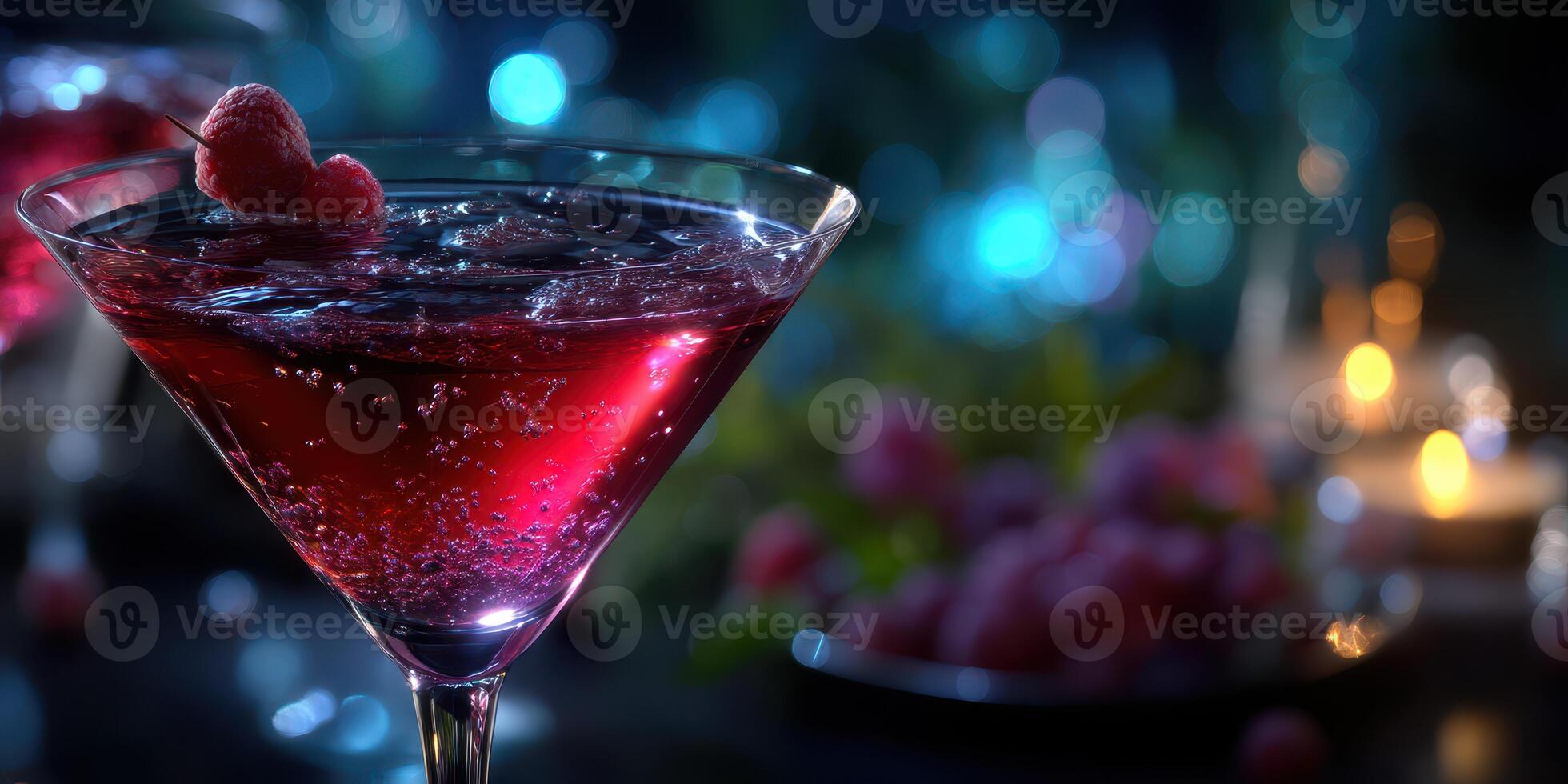 Bright red cocktail with raspberries served in a crystal glass at a stylish evening gathering with ambient lighting photo