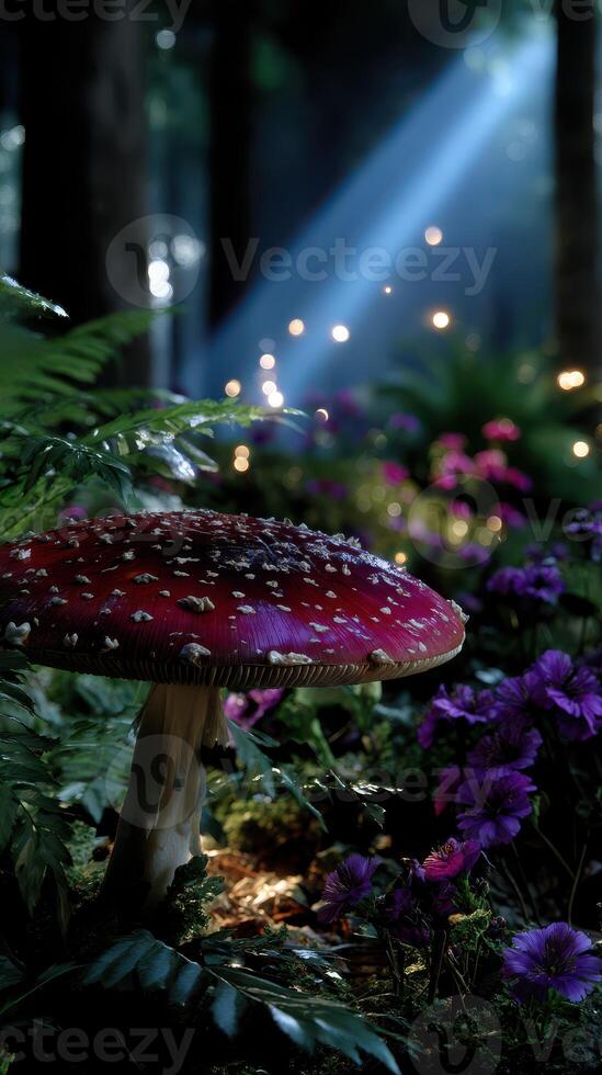 Enchanted forest scene featuring a red mushroom surrounded by vibrant flowers under soft sunlight photo