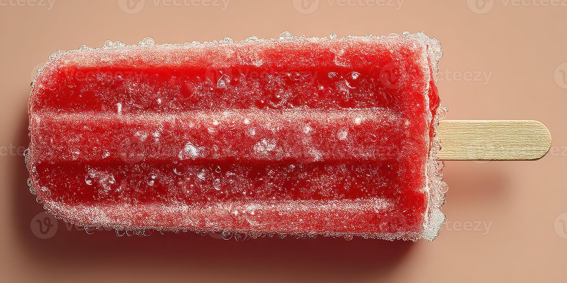 Bright red popsicle sitting on a tan surface with frosty condensation creating a refreshing summer vibe photo