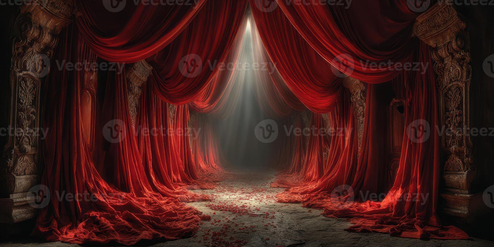 Dramatic red curtains frame a mystical pathway illuminated by soft light in an enchanting setting photo