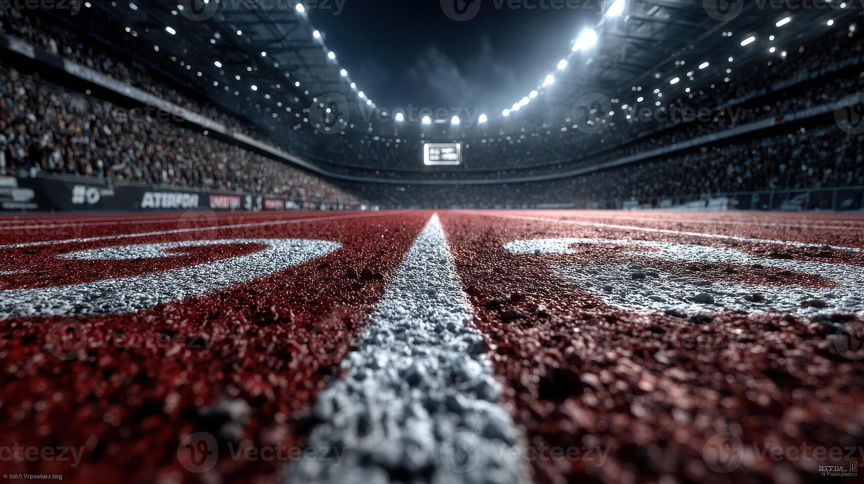 Track field illuminated by stadium lights with glowing red surface and cheering crowd during a nighttime athletics event photo