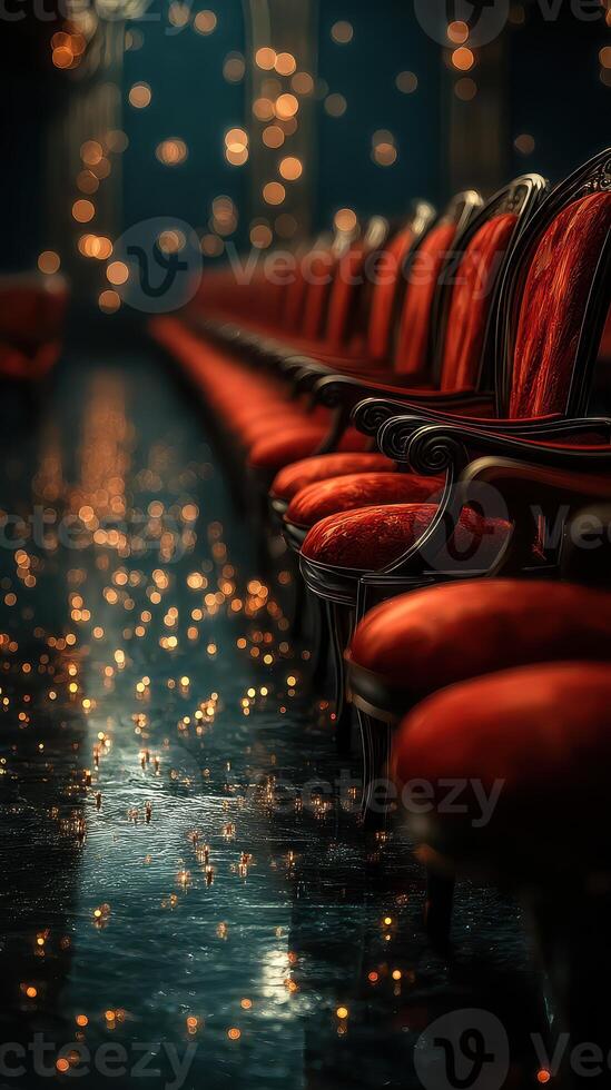 Elegant red chairs lining a dimly lit venue with glimmering lights reflecting on the floor photo