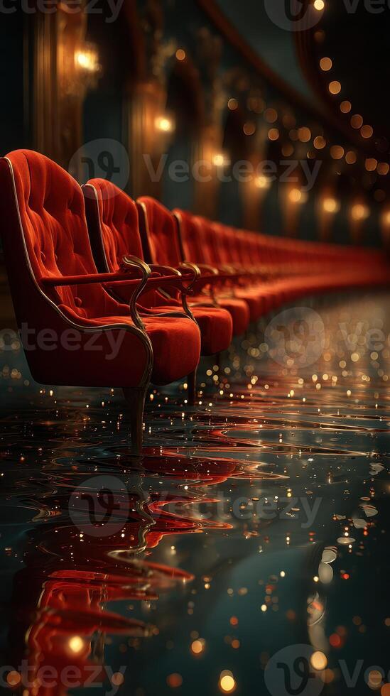Elegant red chairs reflect on water in a quiet theater setting at night photo
