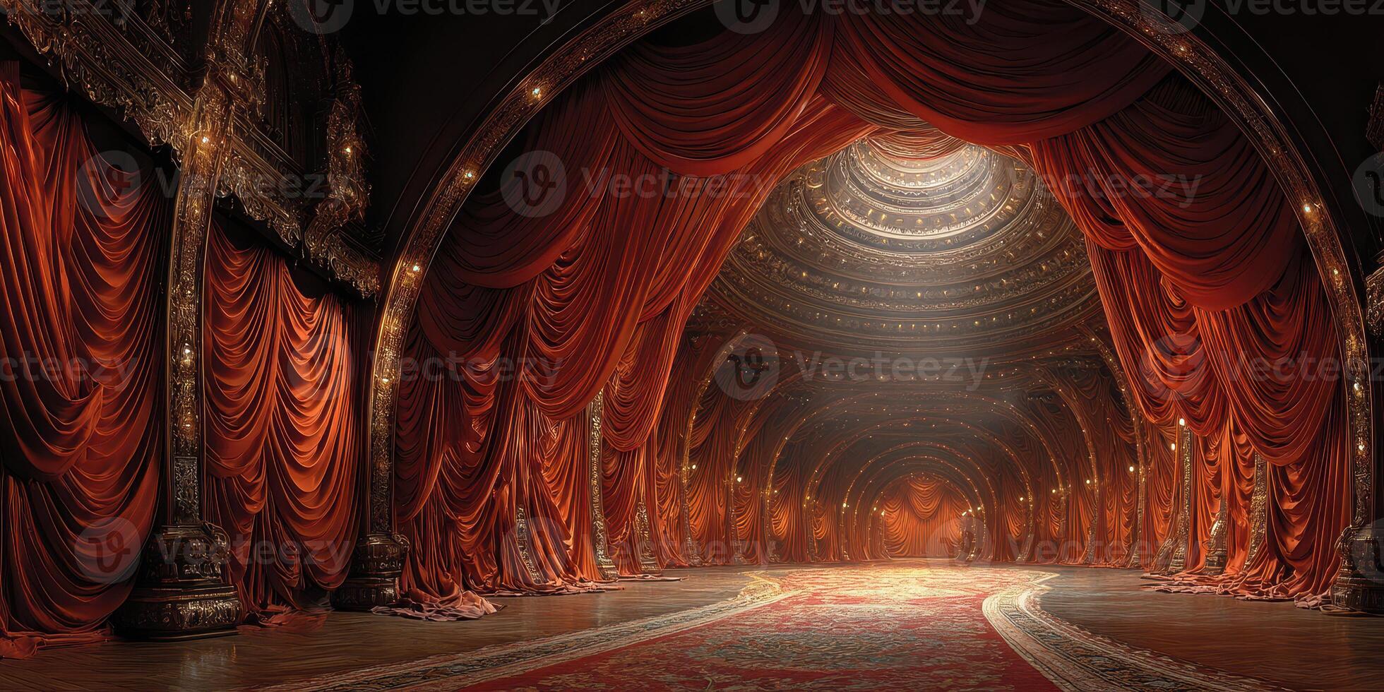 Grand theater interior showcasing ornate architecture and rich red draperies under soft light ambiance photo