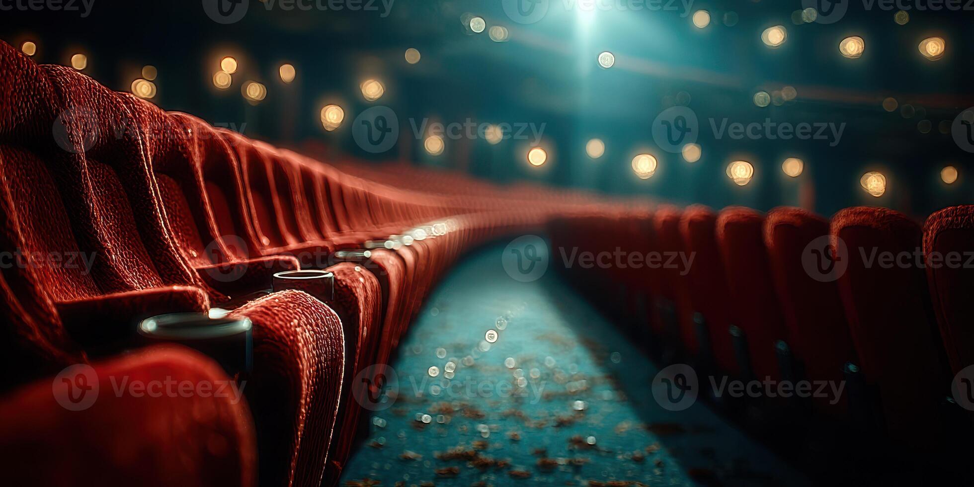 Empty red theater seats await spectators in a dimly lit auditorium after a performance photo