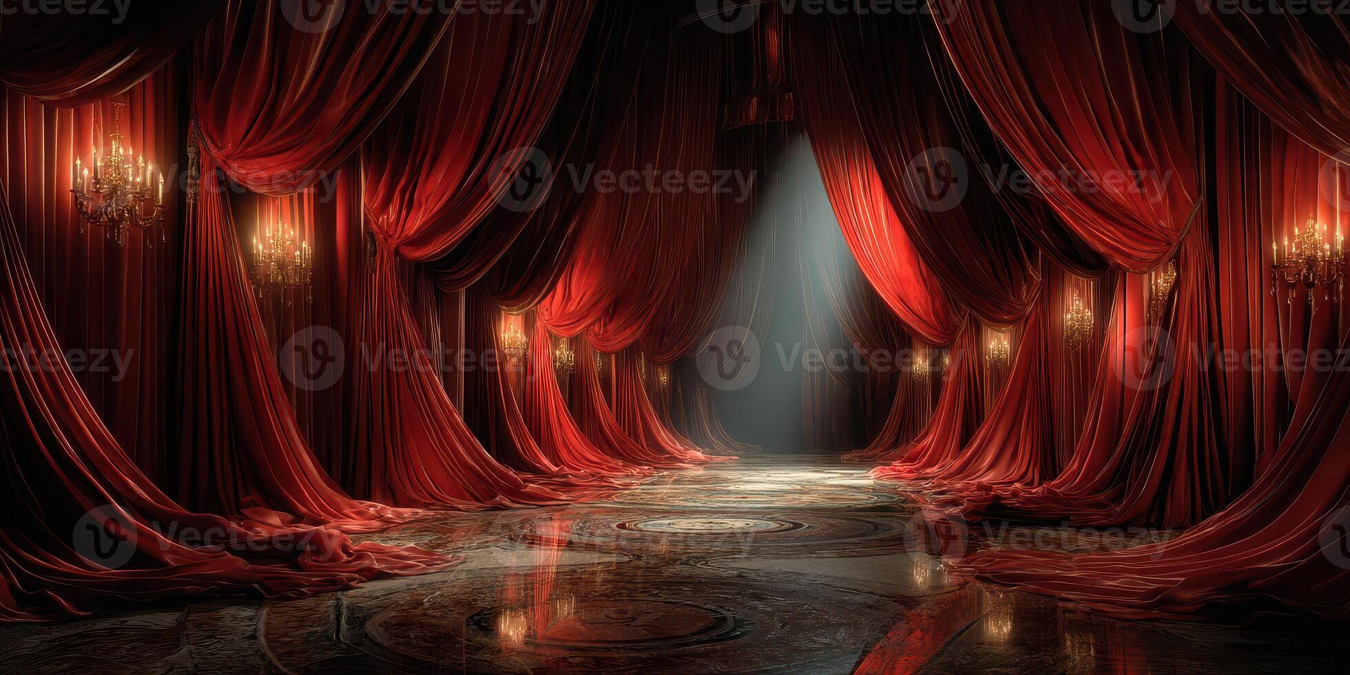 Elegant theater interior featuring rich red drapes and chandeliers with soft light streaming in from the side photo