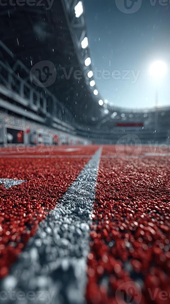 Rain-soaked athletic track with stadium lights illuminating a busy venue during a competition photo
