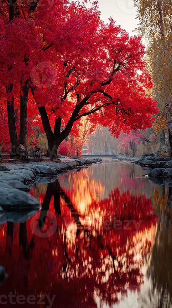 Vibrant autumn foliage reflects in a serene river during a peaceful sunset in a tranquil park setting photo