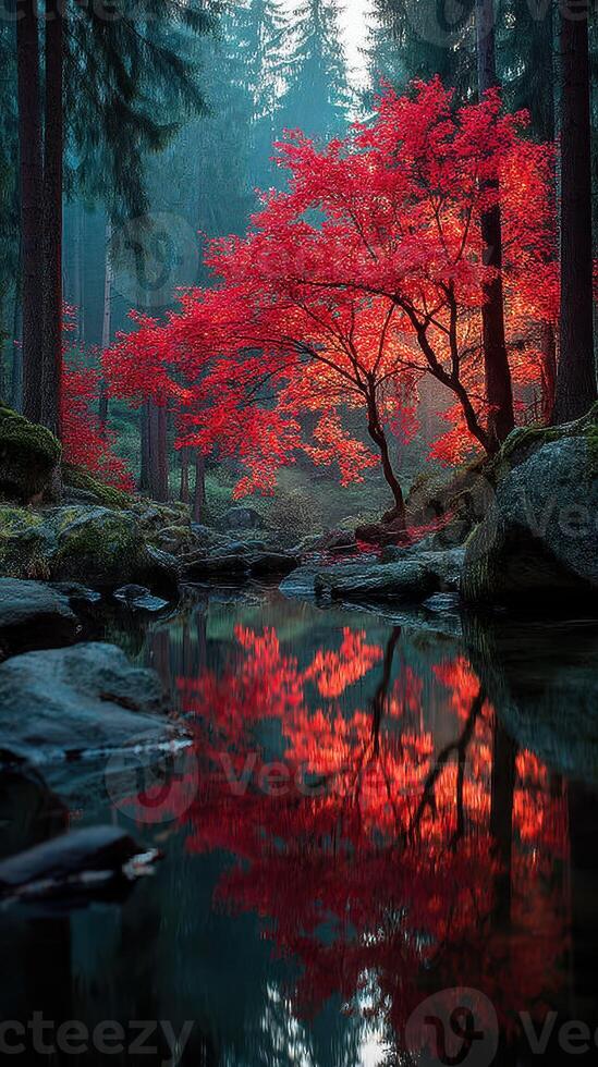 Vibrant red maple tree reflects in serene forest stream during early morning fog photo