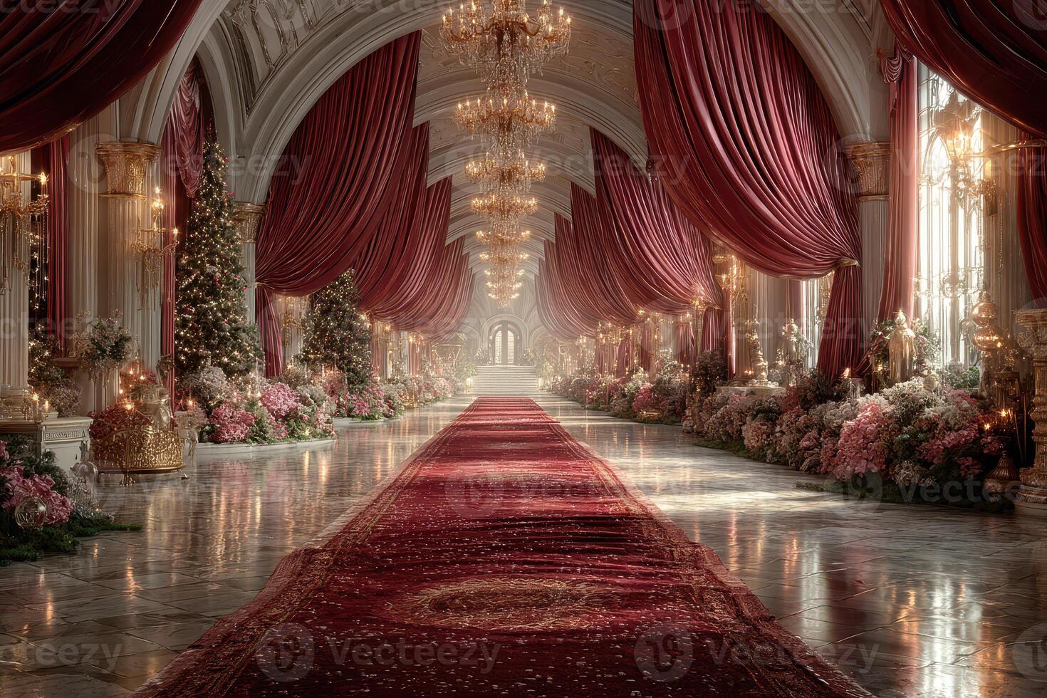 Grand hallway adorned with festive decorations and elegant lighting in a luxurious venue during the holiday season photo