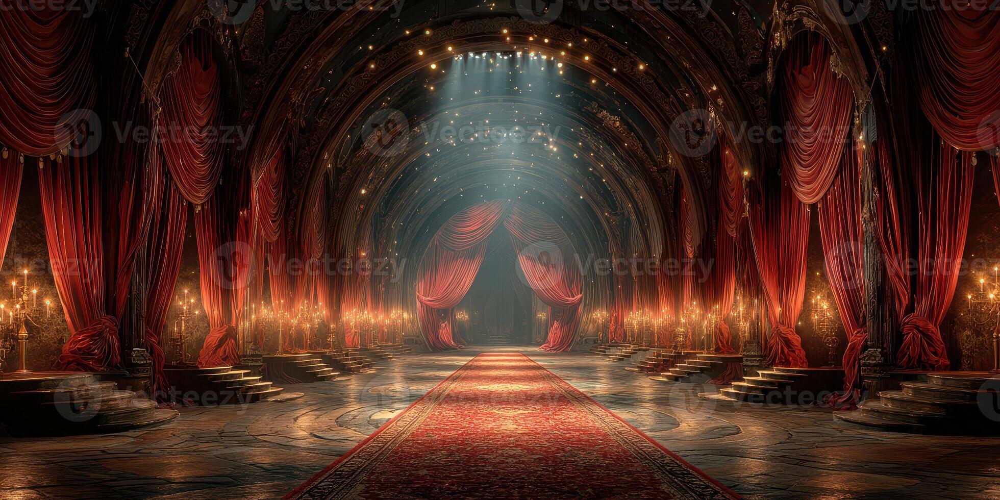 Grand hall with dramatic lighting and rich red drapery creates an enchanting atmosphere for an elegant event photo