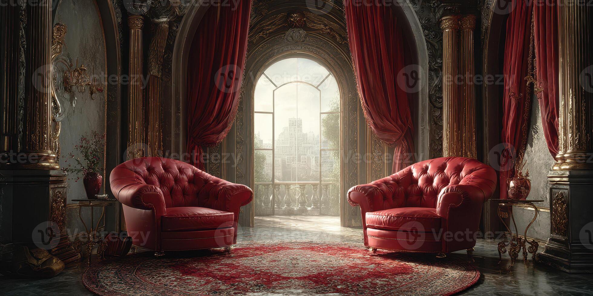 Red tufted armchairs in an ornate room with a view of a cityscape at dusk photo