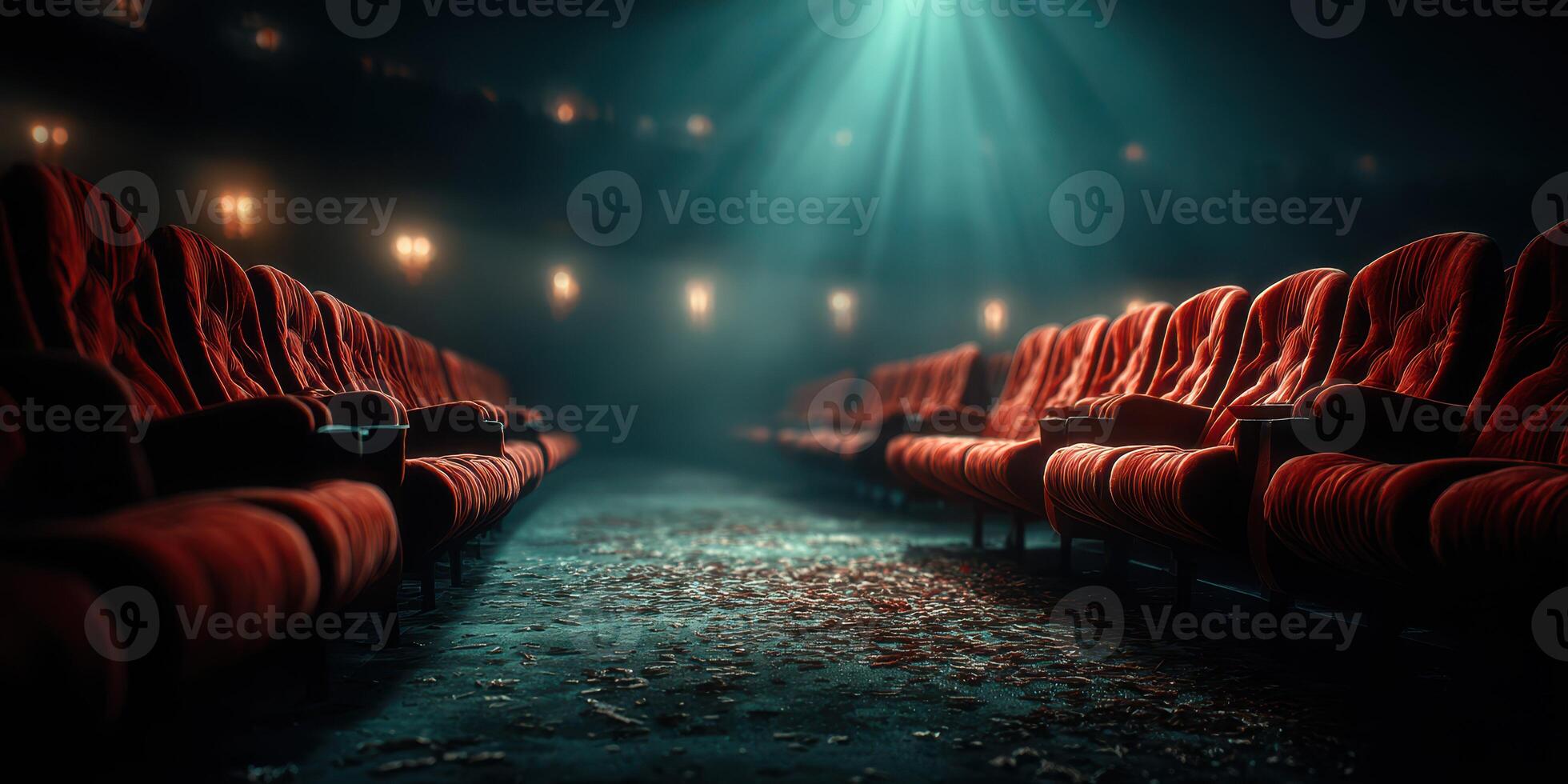 Rows of vintage red theater seats illuminated by soft lighting in an empty auditorium during a quiet evening photo