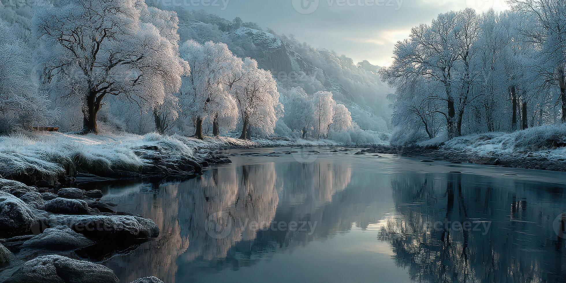Winter landscape with frost-covered trees and calm river reflecting the serene atmosphere during early morning light photo