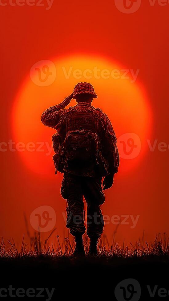 Soldier saluting at sunset on a quiet evening, expressing honor and reflection in a solemn moment photo