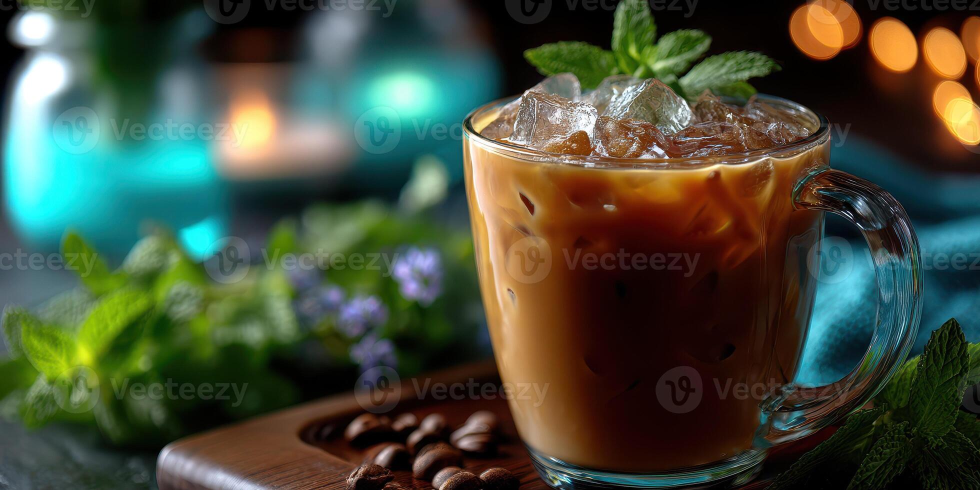 Refreshing iced coffee served with mint leaves on a wooden tray in a cozy cafe at night photo