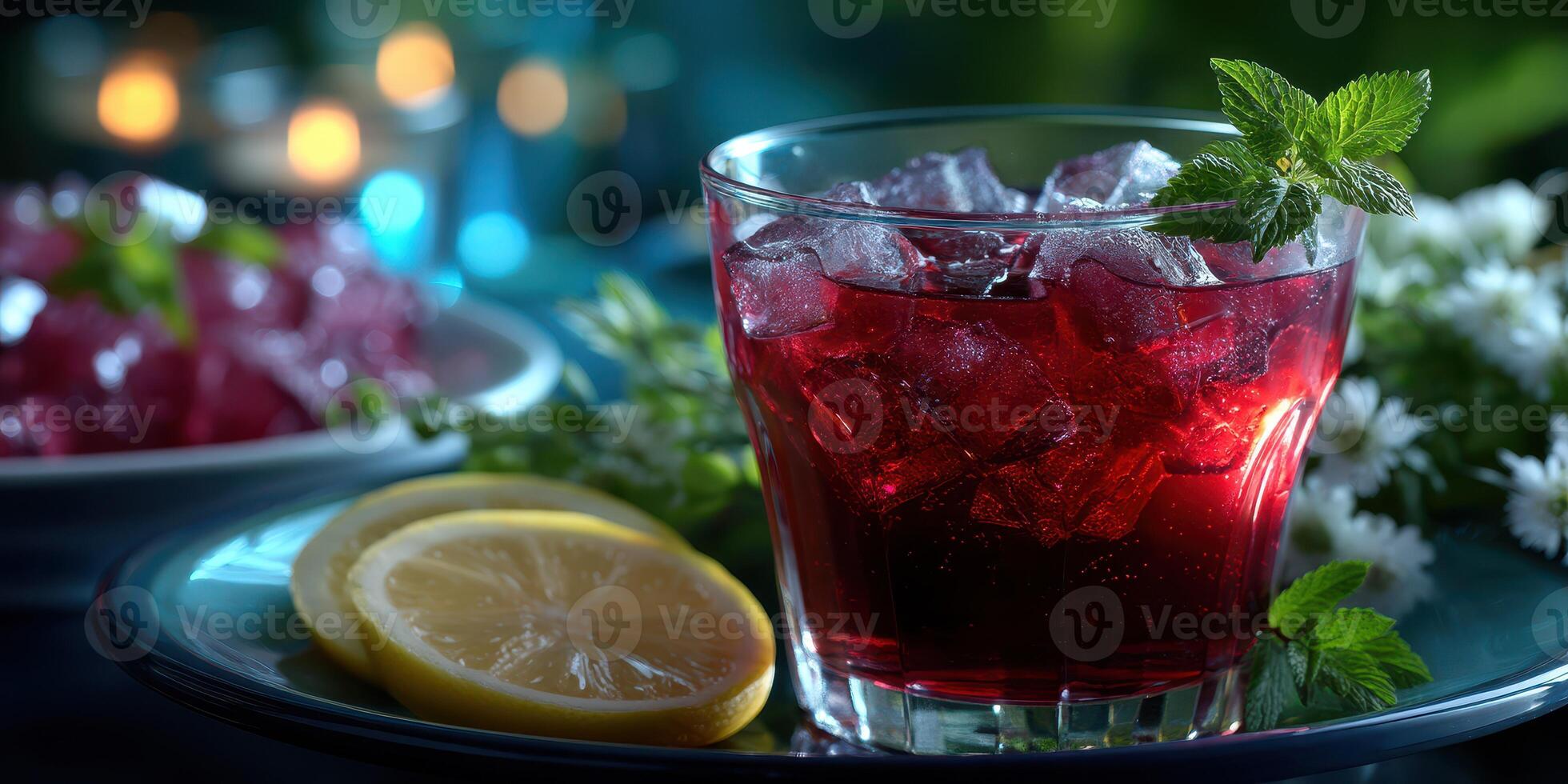 Refreshing beverage served with lemon slices and garnished with mint in a vibrant setting photo