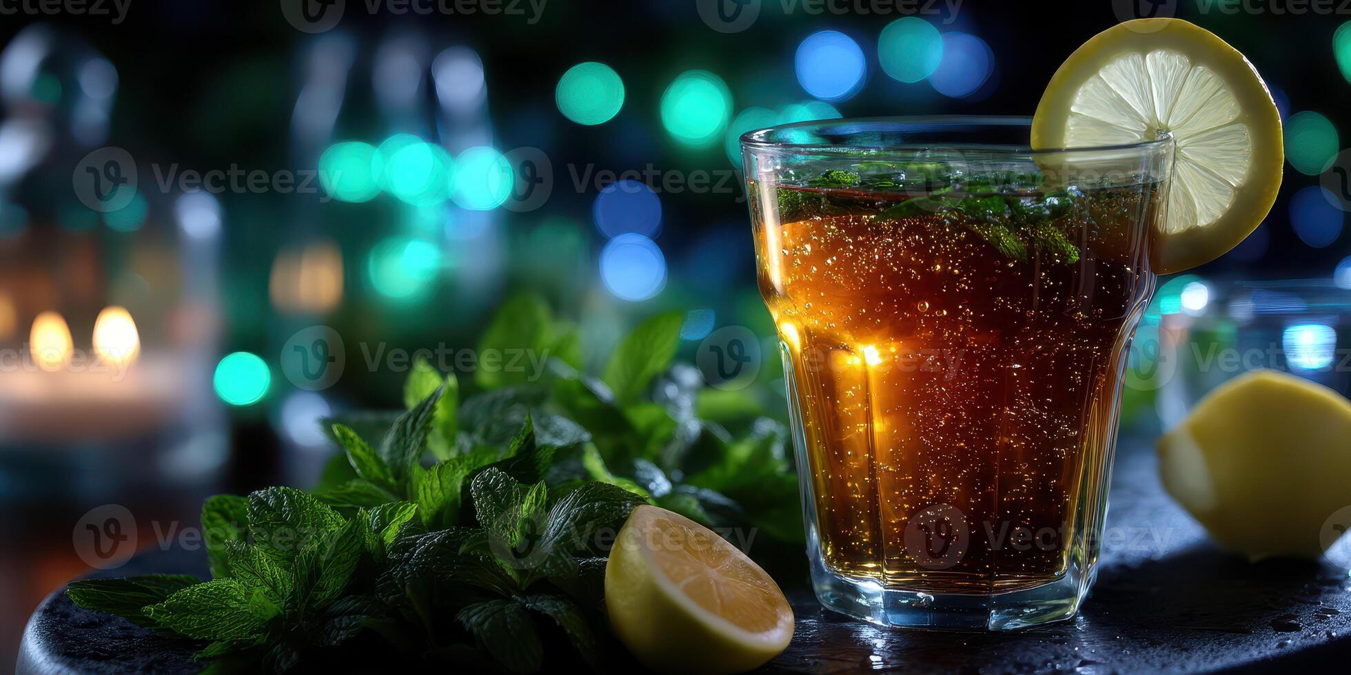 Refreshing mint tea with lemon in a glass on a dark stone surface surrounded by soft bokeh lights photo