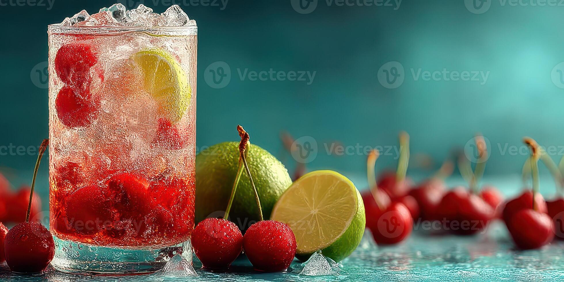 Fresh cherry limeade served with ice and garnished with fresh cherries and limes photo
