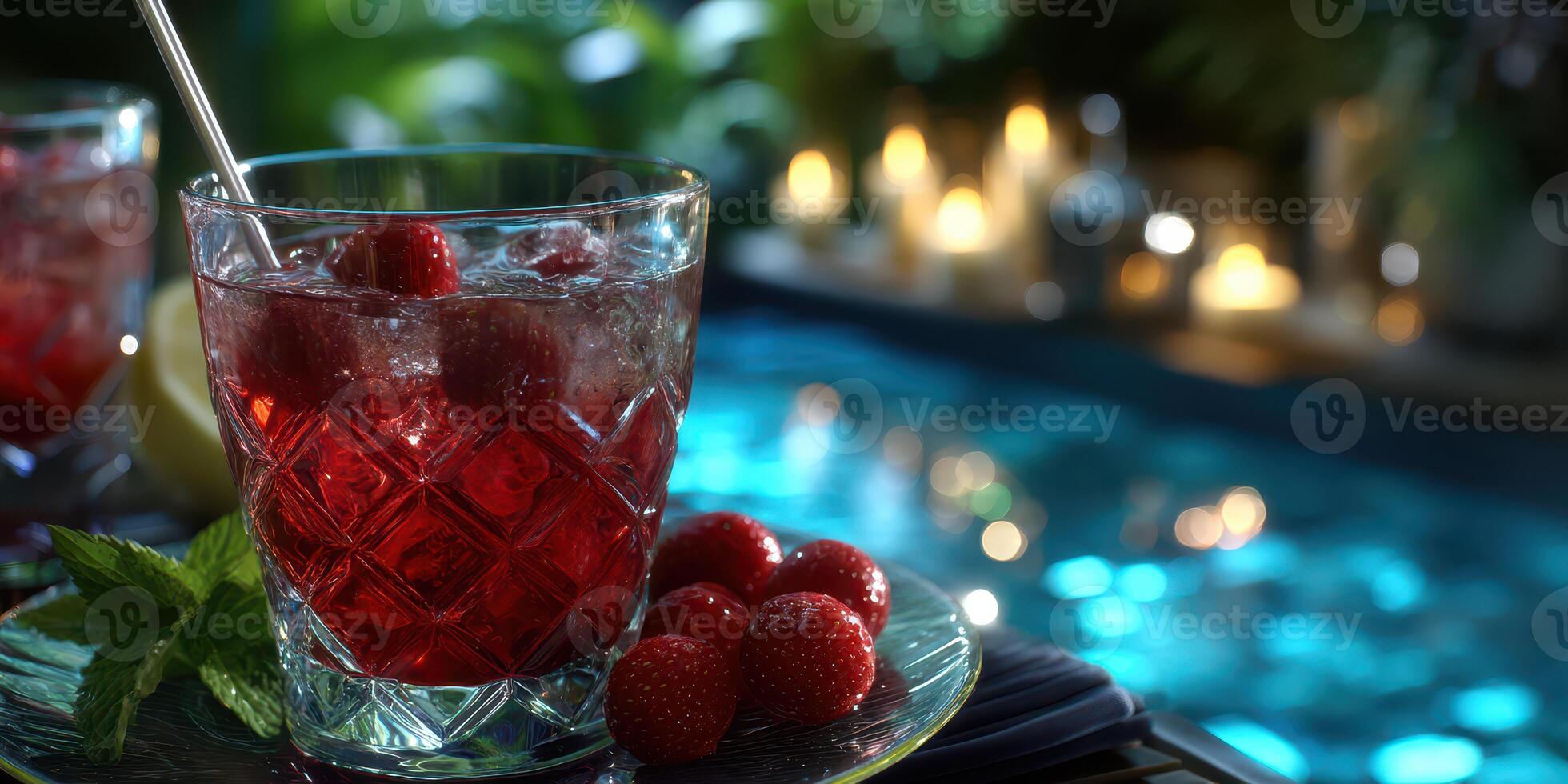 Refreshing raspberry drinks by the tranquil poolside at night creating a relaxing atmosphere photo