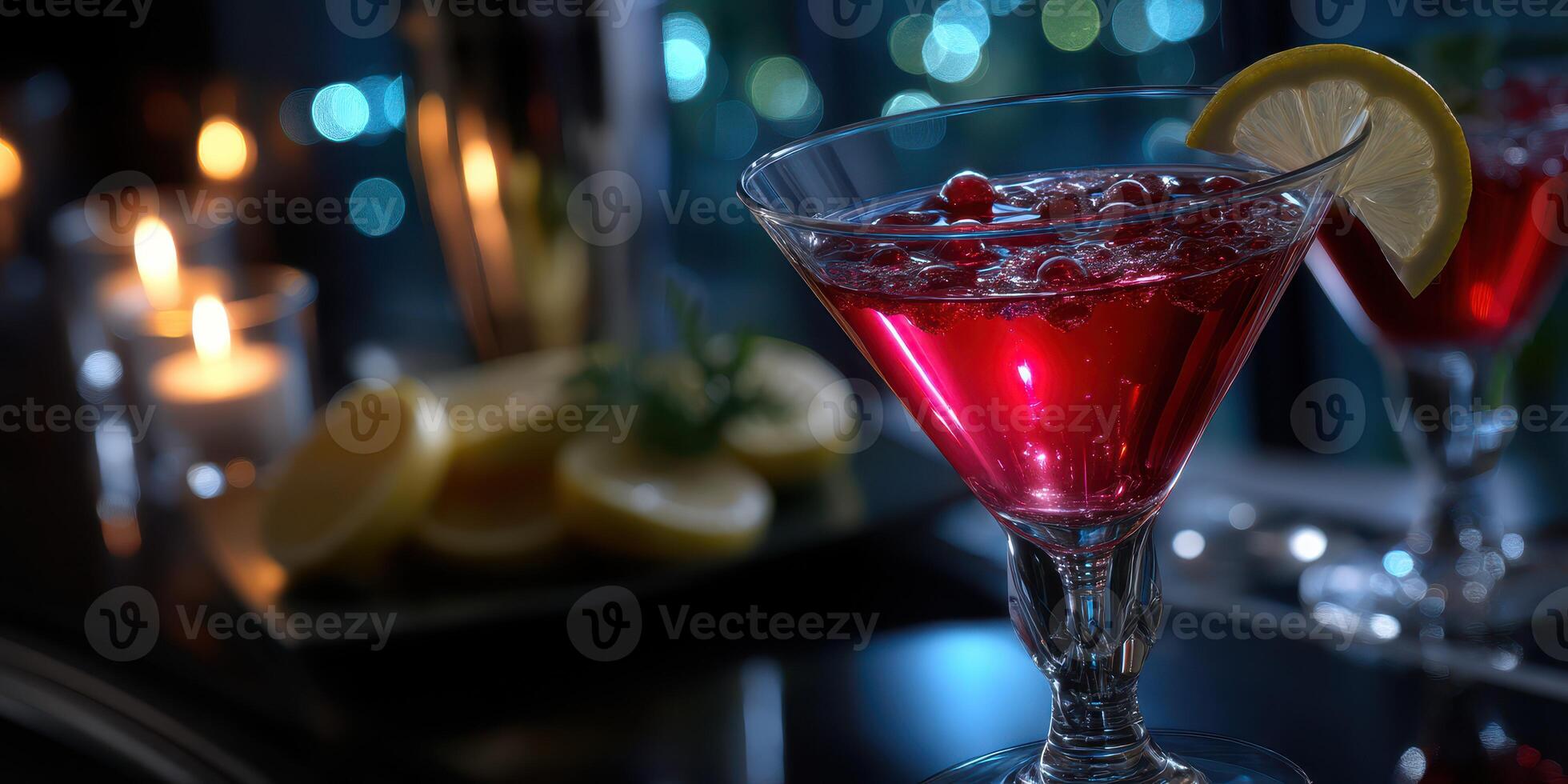 Colorful cocktail with cherries and lemon slice on a bar counter during an evening gathering photo