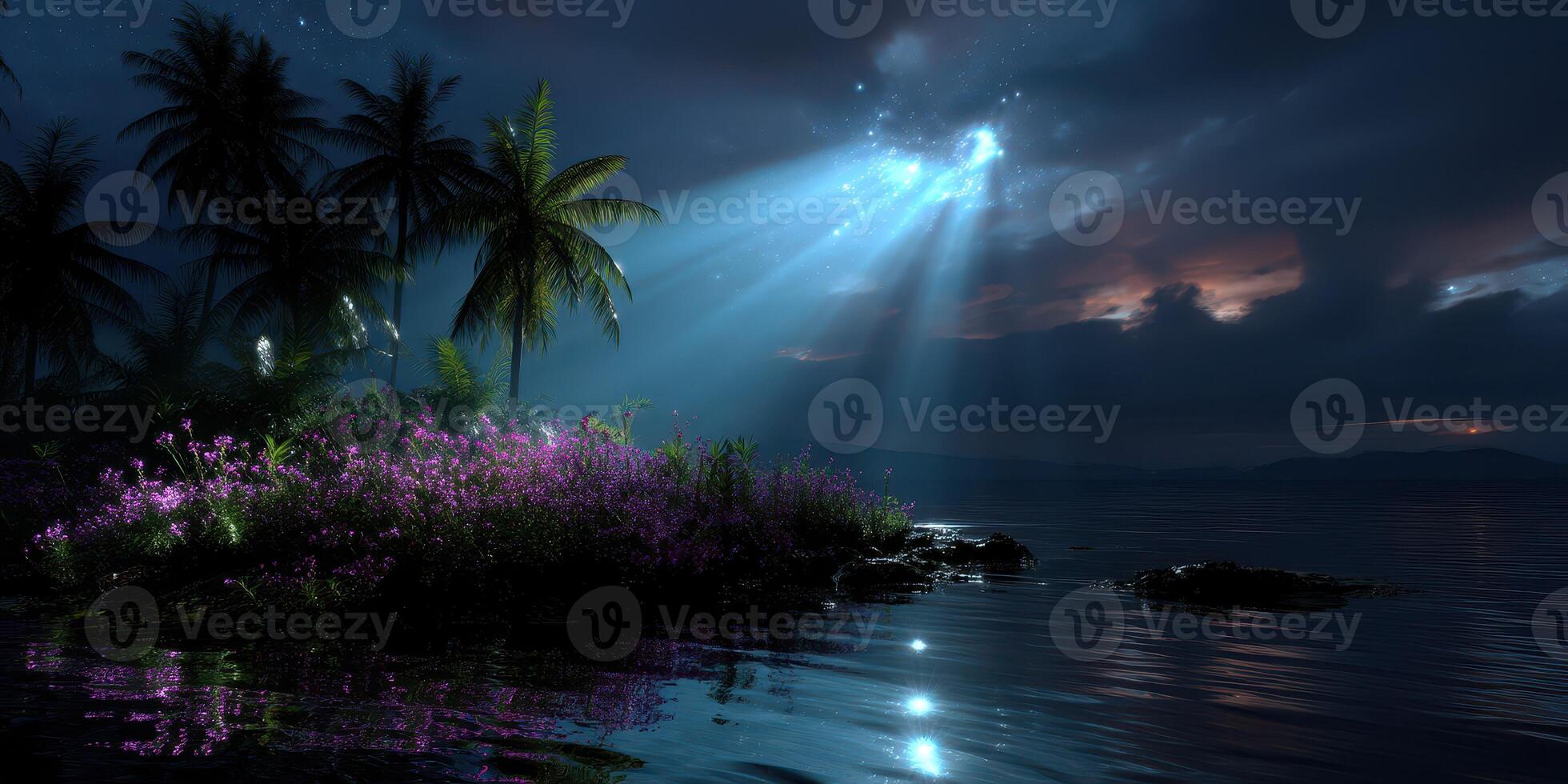 Enchanting tropical landscape with moonlight illuminating flowers by the water at night photo