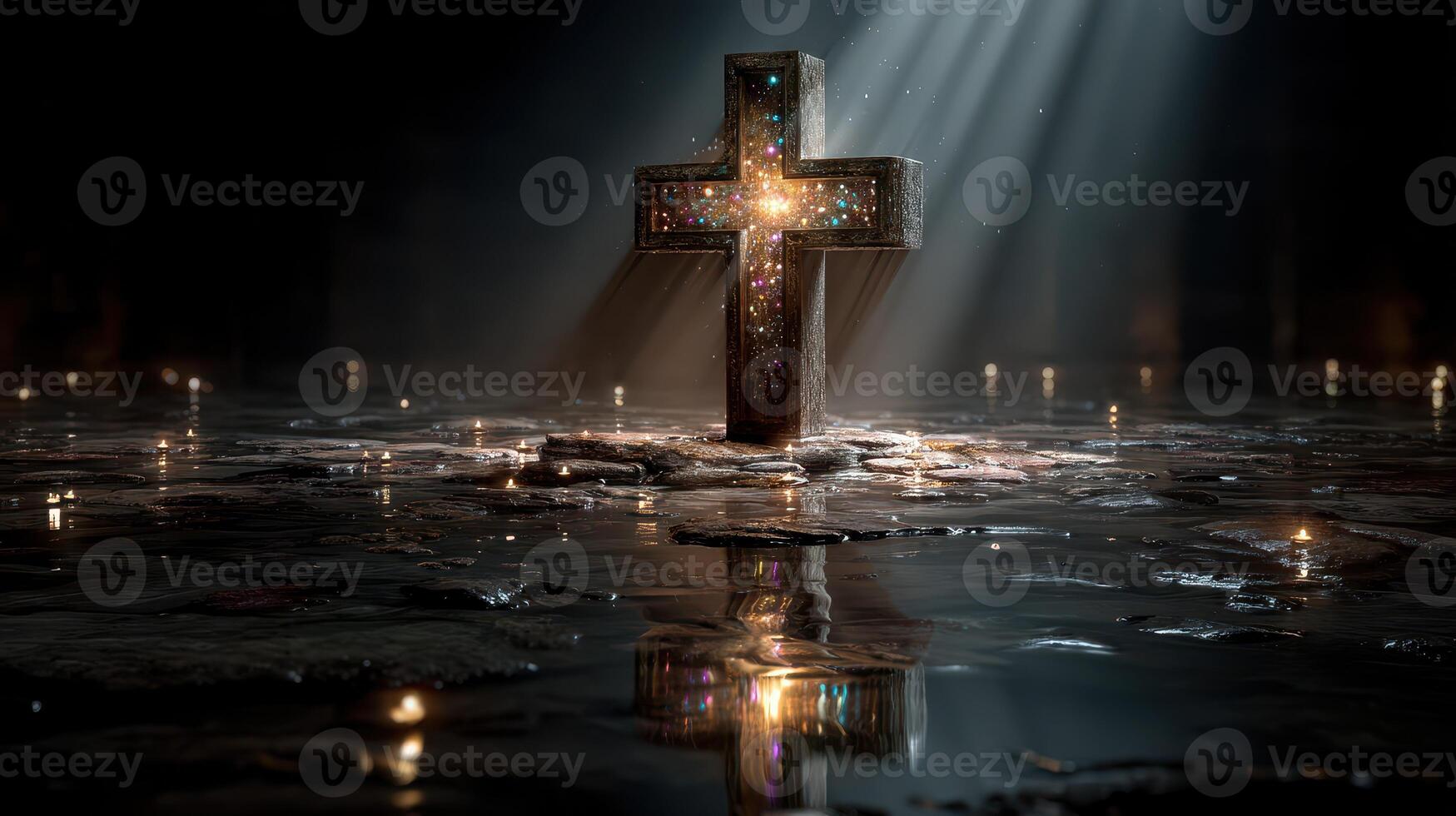 Stunning illuminated cross in dark space surrounded by soft glowing lights at nighttime photo