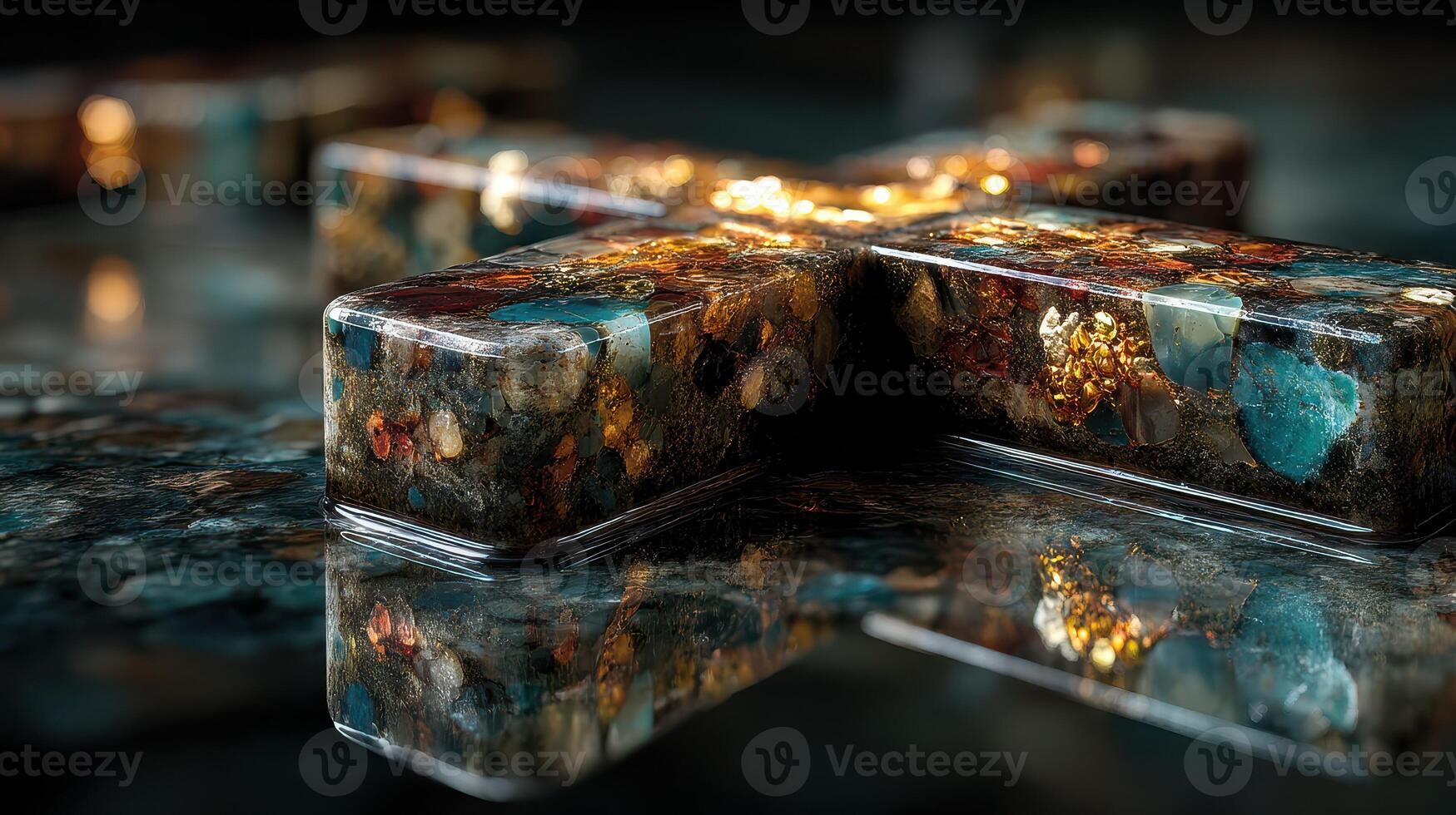 Shimmering jewel-encrusted cross rests on a reflective surface capturing light in a serene setting photo