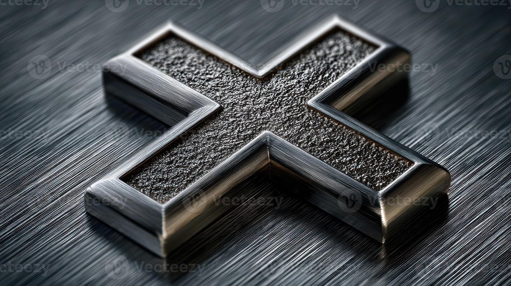 Metal cross shape resting on a brushed steel surface, showcasing intricate texture and contrasting finishes in natural light photo