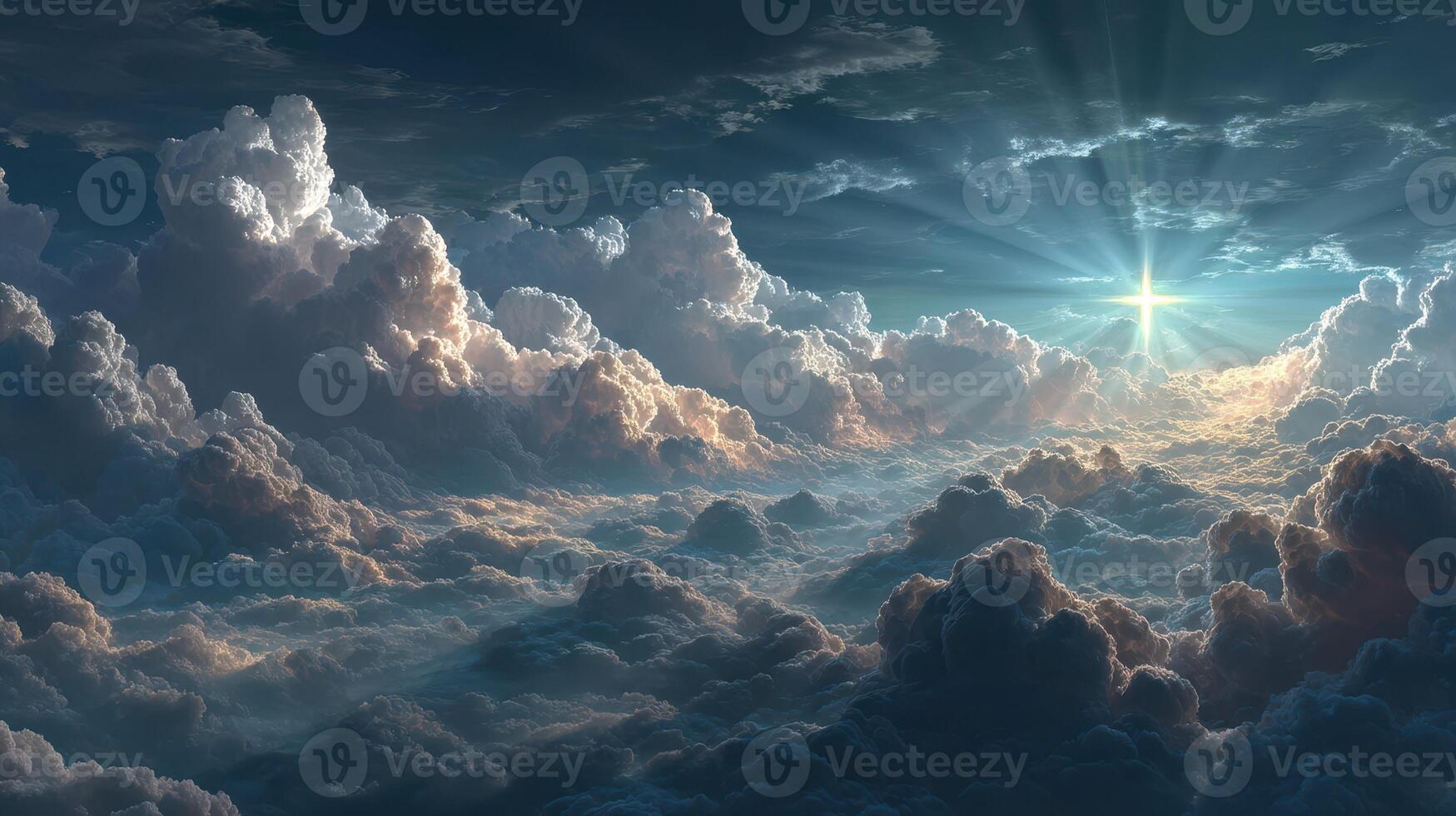 Majestic clouds illuminated by light with a cross shining brightly in the sky photo