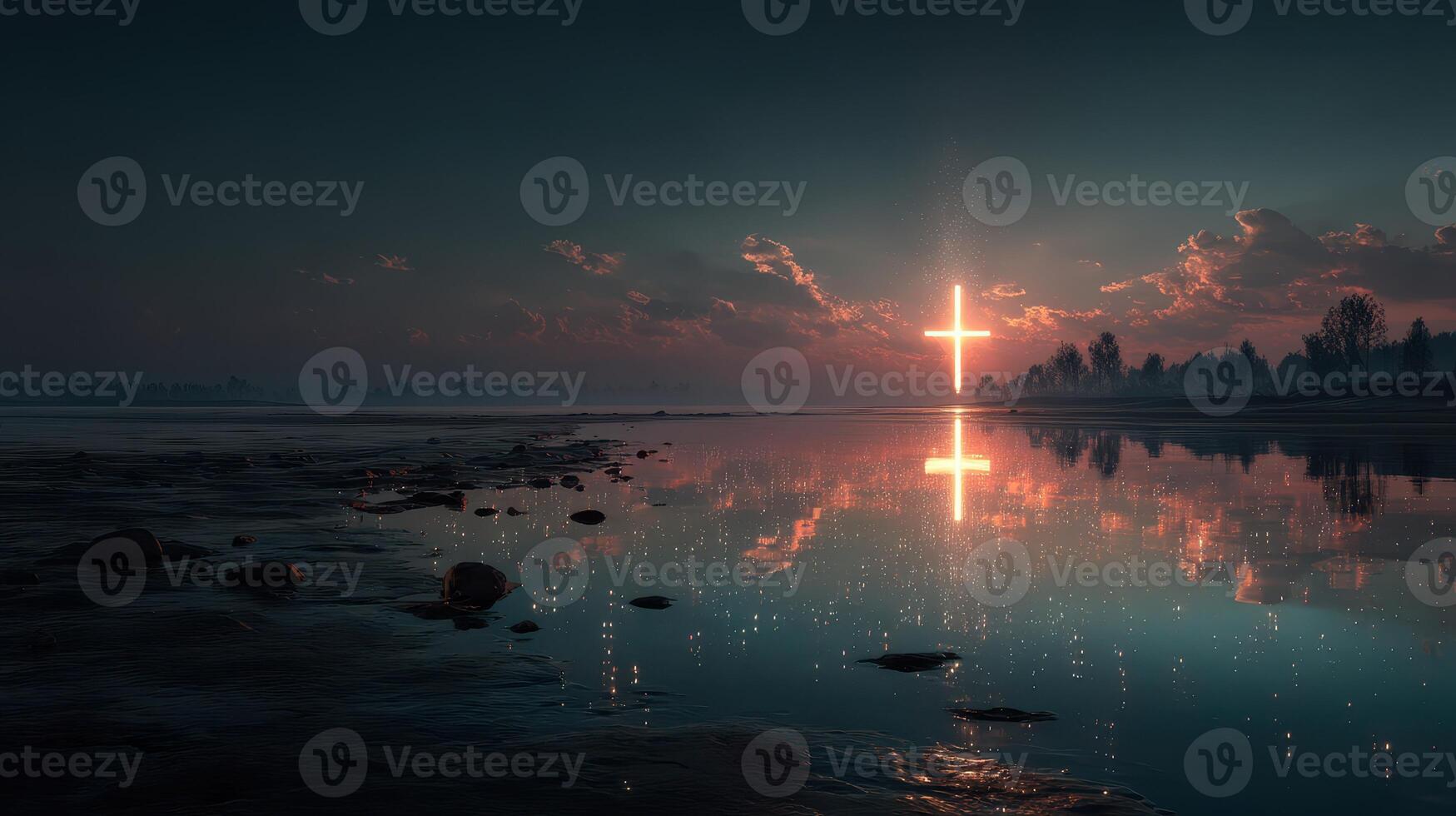 Beautiful reflection of a glowing cross over calm water during sunset at a serene lakeside location photo