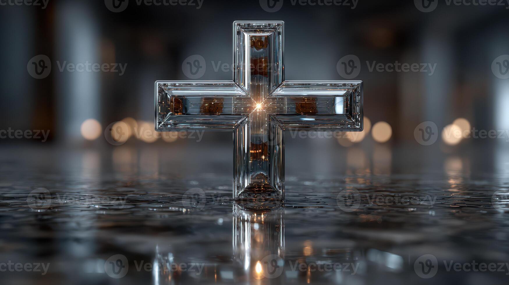 Glass cross reflecting light in a dimly lit space with a serene atmosphere and soft glowing candles photo