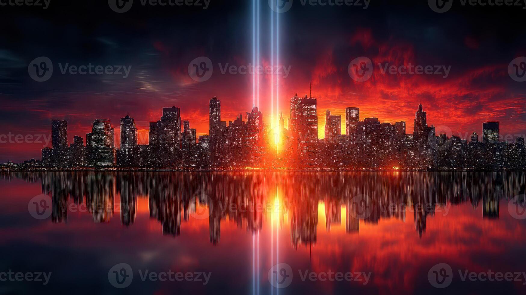 Sunset over skyline with beams of light reflecting in water creates a dramatic scene in the city photo