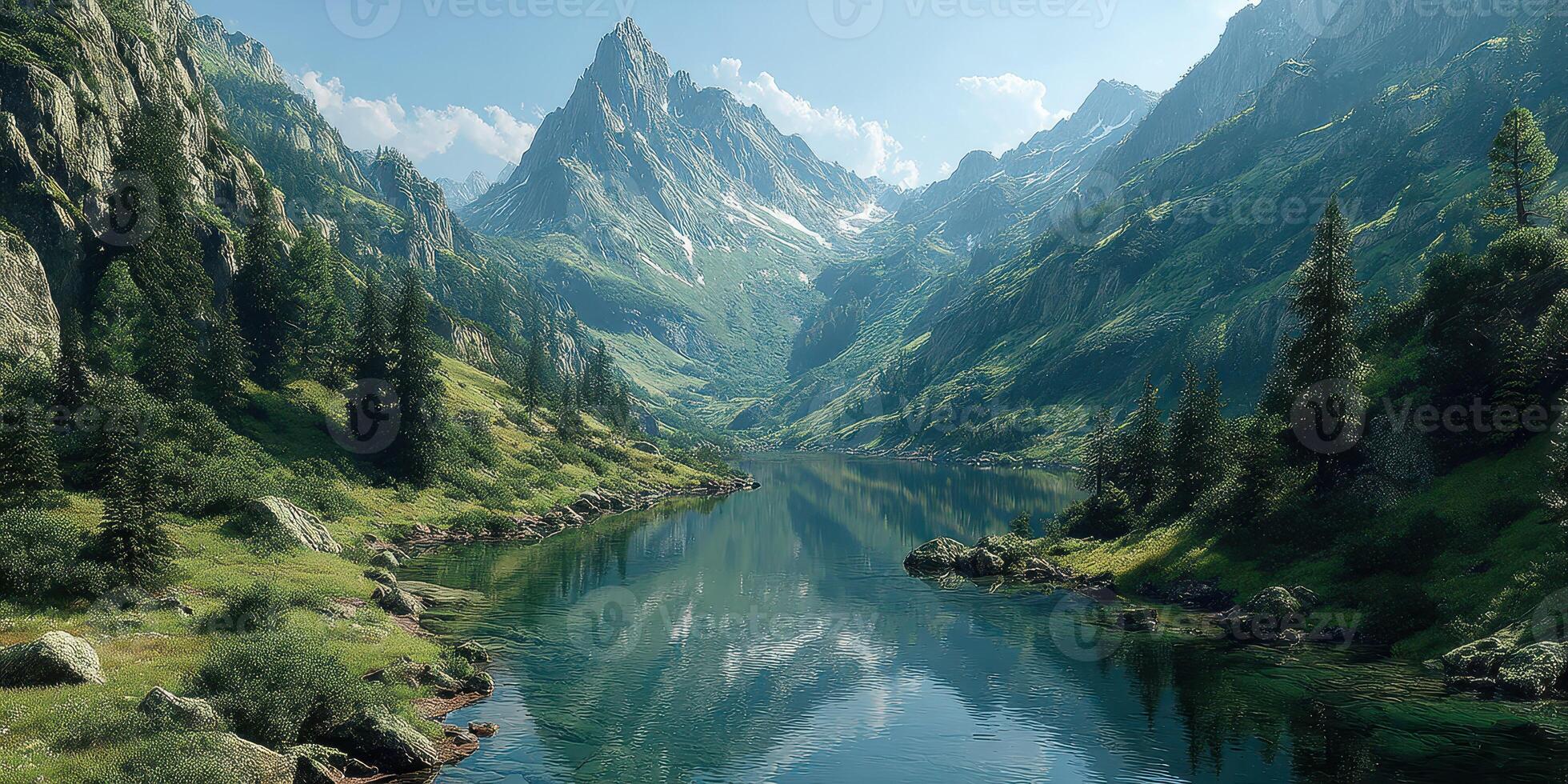 Majestic mountain landscape with serene river reflecting the sky during a sunny day in a lush valley photo