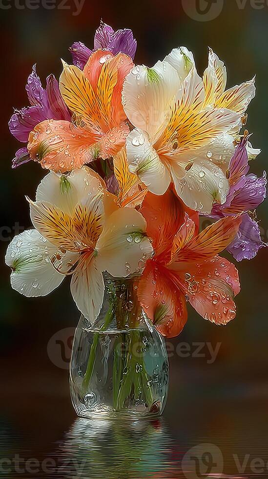 Vibrant bouquet with rainfall droplets in clear vase on wooden table photo