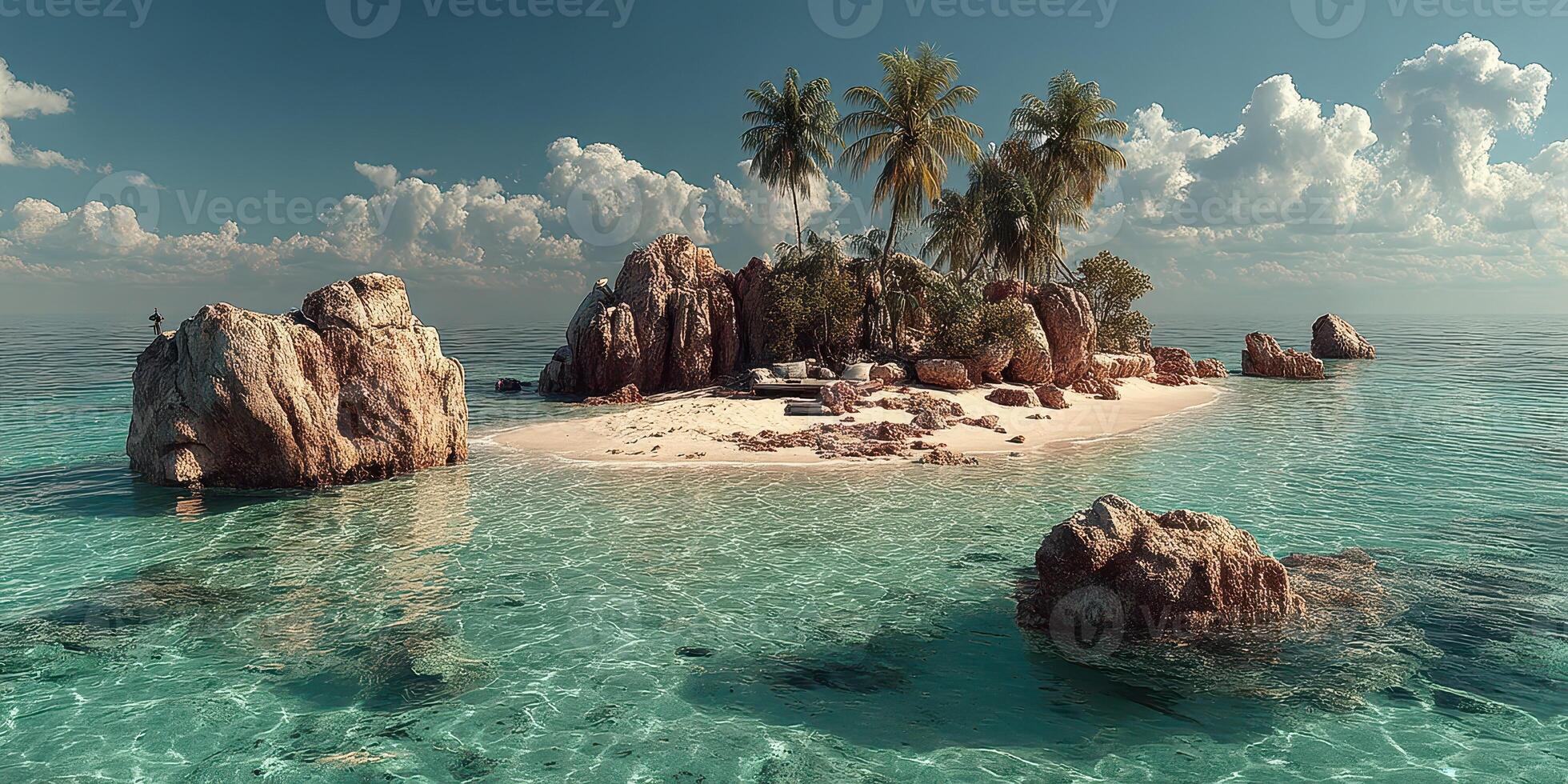 Tranquil tropical island with palm trees and crystal-clear water during midday on a sunny day photo