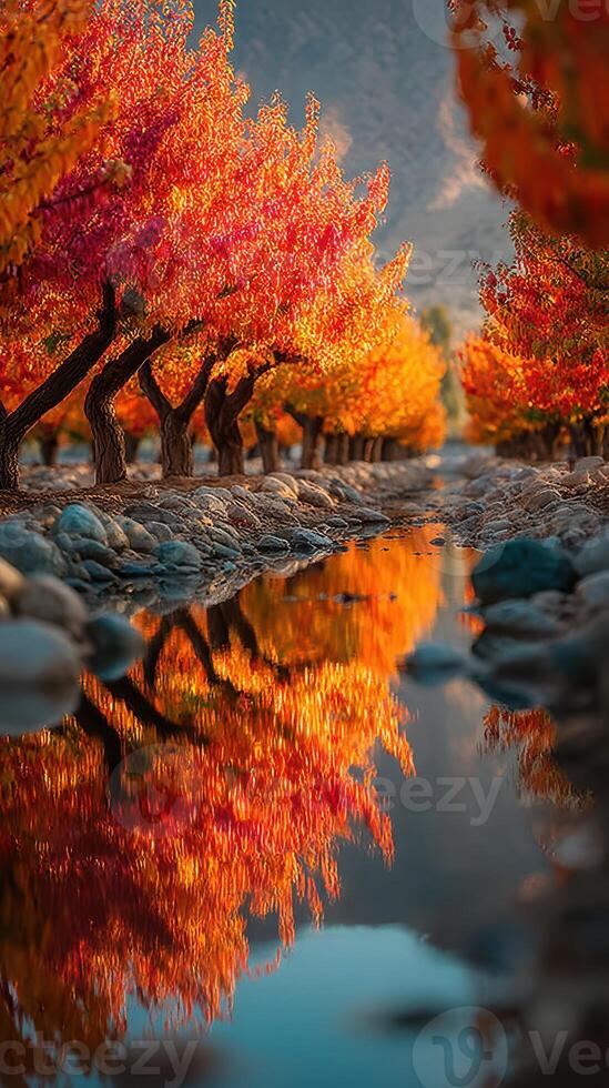 Autumn landscape with vibrant orange and red trees reflecting in a calm stream photo